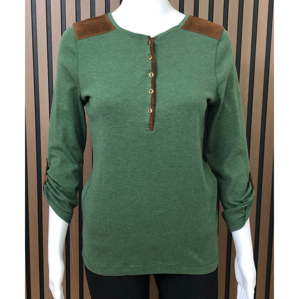 Lauren Ralph Lauren Women's Green‎ Long Sleeve Henley S Shirt Suede Trim Long